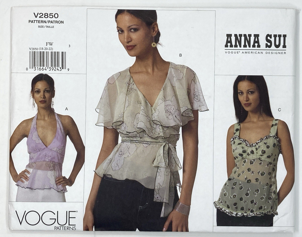 Vogue V2850 Anna Sui Flirty Empire Waist Tops Sewing Pattern Sz 18-20-22 Uncut
